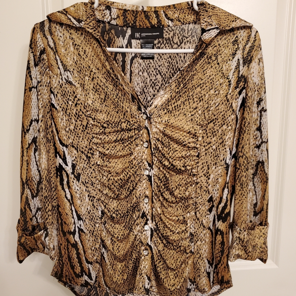 INC Petite Ruched Snakeskin Button-down Blouse - brown